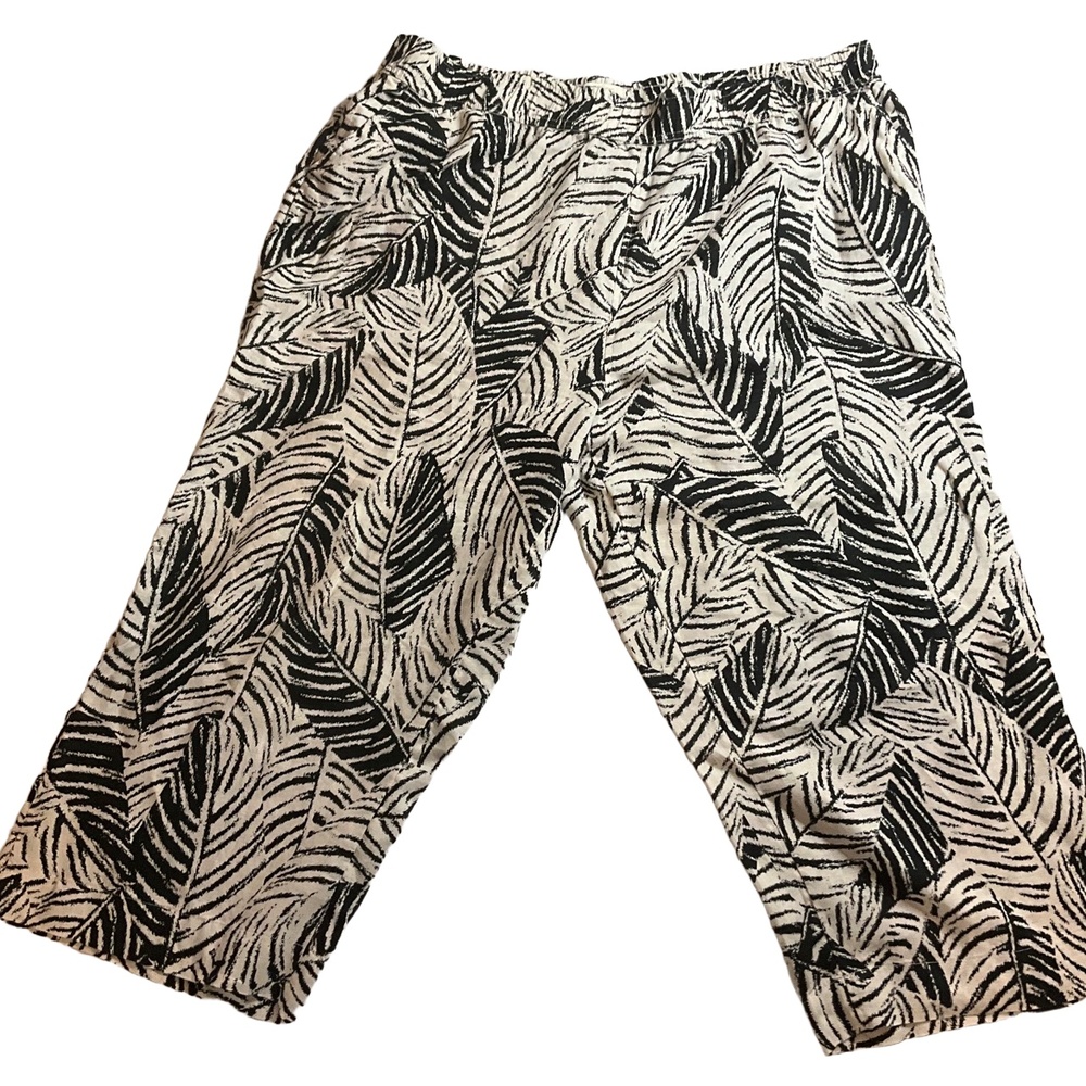 Cynthia Rowley White Black Elastic Waist Leaf Print Wide Leg Pants 3X 100% Linen